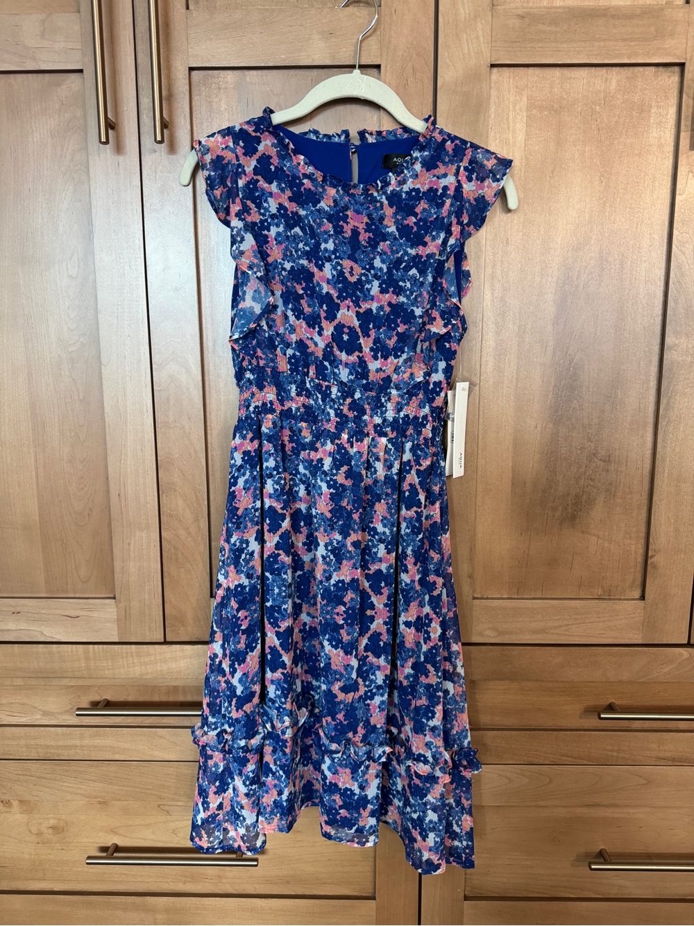 Aqua Blue and Pink Floral Ruffle Midi Dress